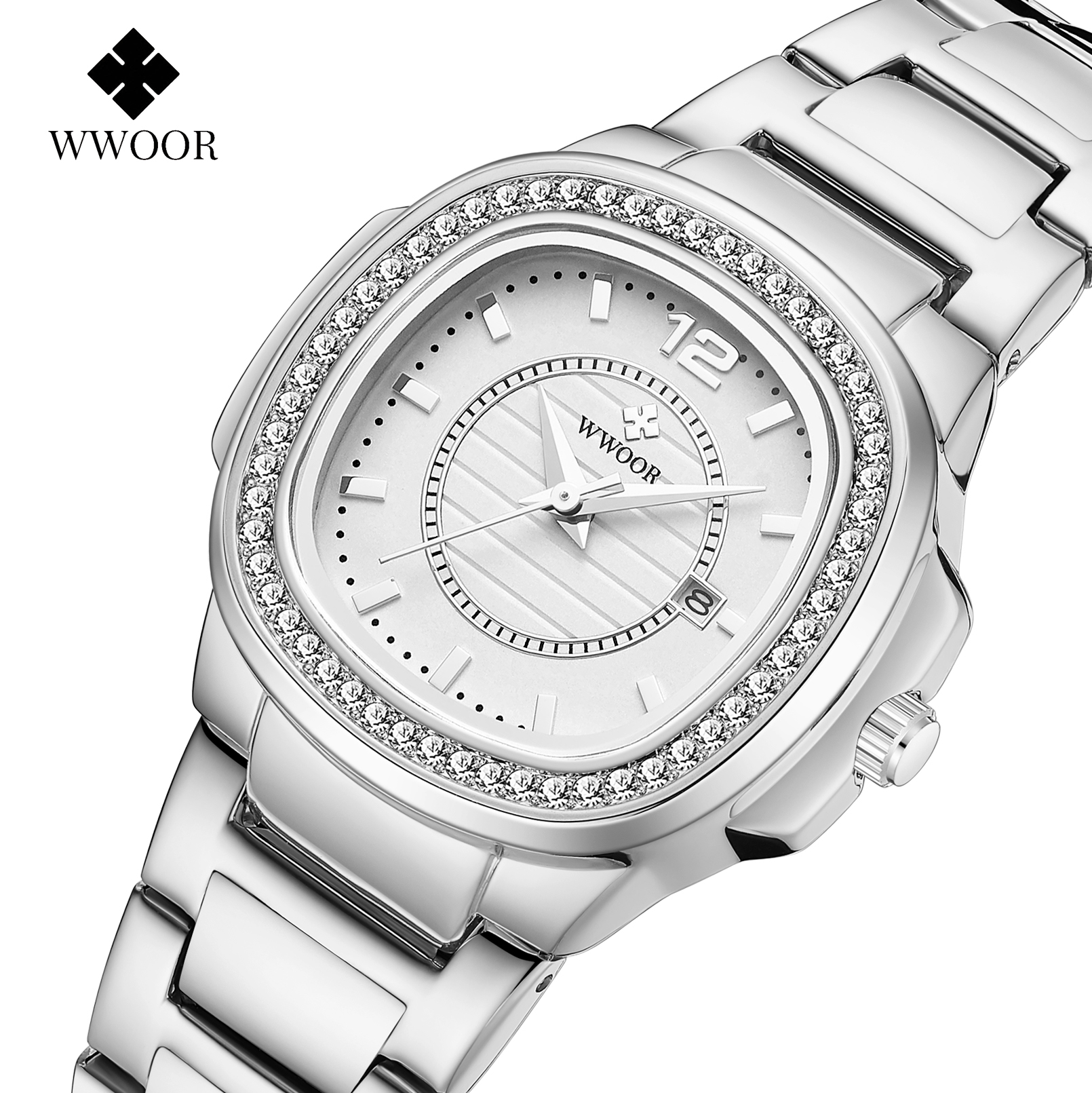 Đồng Hồ Đeo Tay WWOOR Sang Trọng Cho Nữ, Đồng Hồ Thạch Anh Nhật Bản Đính Kim Cương, Dây Đeo Bằng Thép Không Gỉ, Có Lịch, Chống Nước