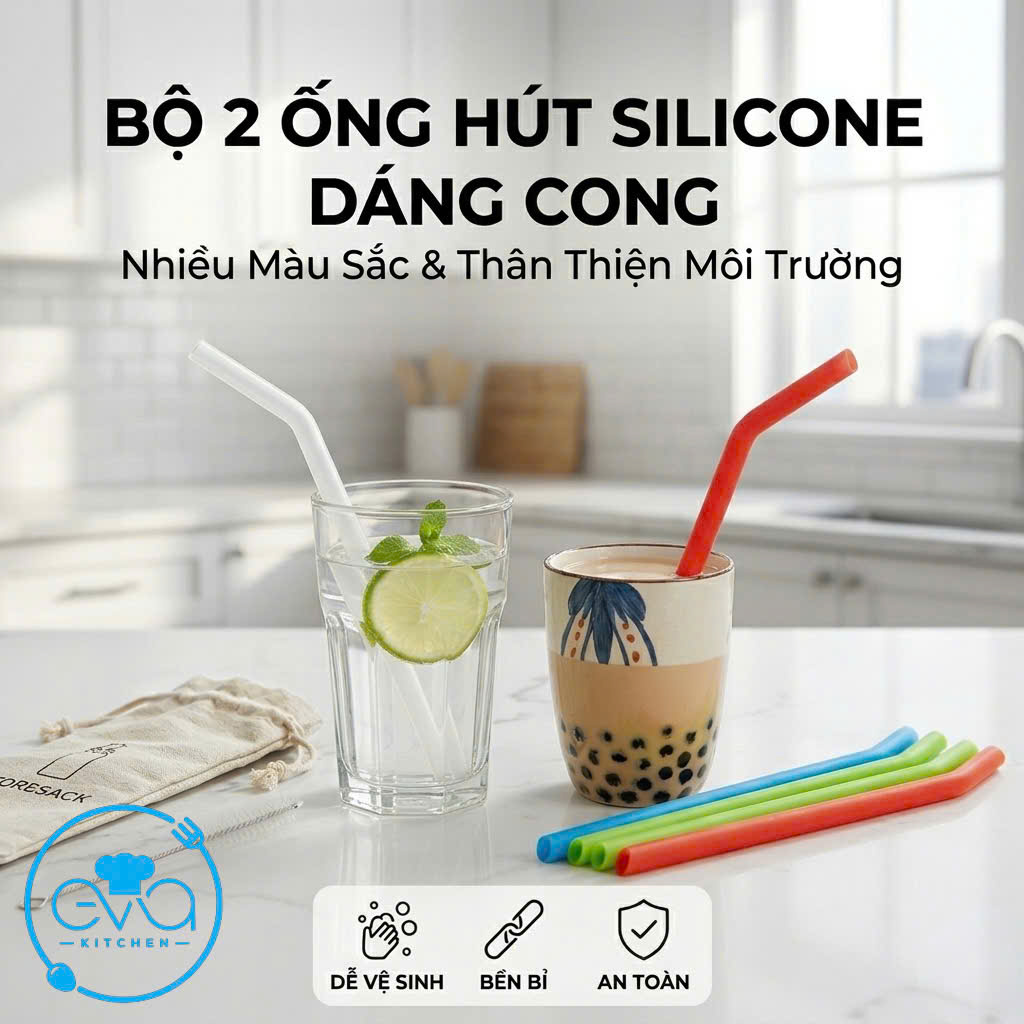 Bộ 2 Ống Hút Silicone Dáng Cong Nhiều Màu Kèm Cọ Vệ Sinh Cán Thép Tiện Lợi