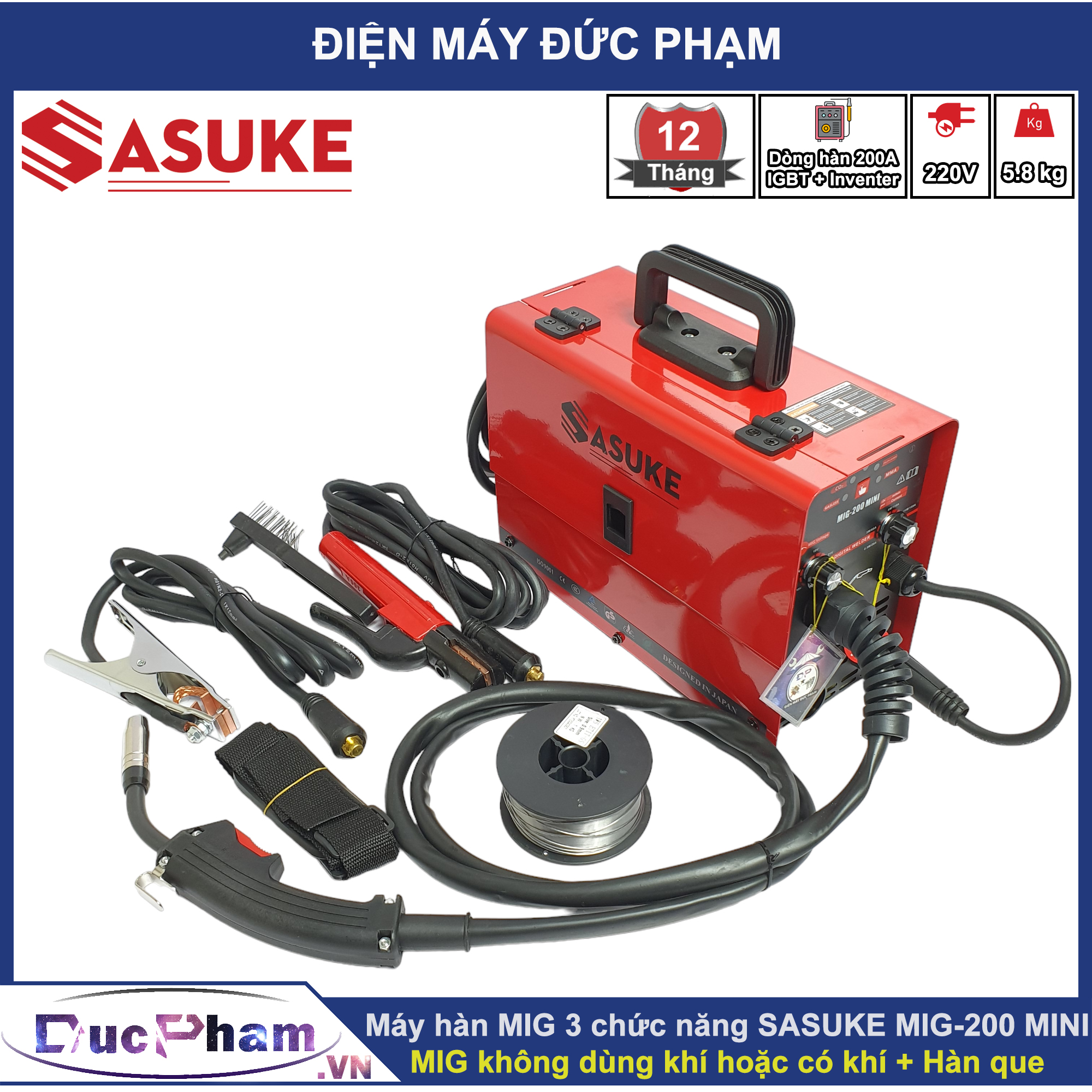 Máy hàn MIG không dùng khí SASUKE MIG-200 MINI ( Chính hãng ) | Máy hàn Mig 3 chức năng | Máy hàn điện tử | Máy hàn que