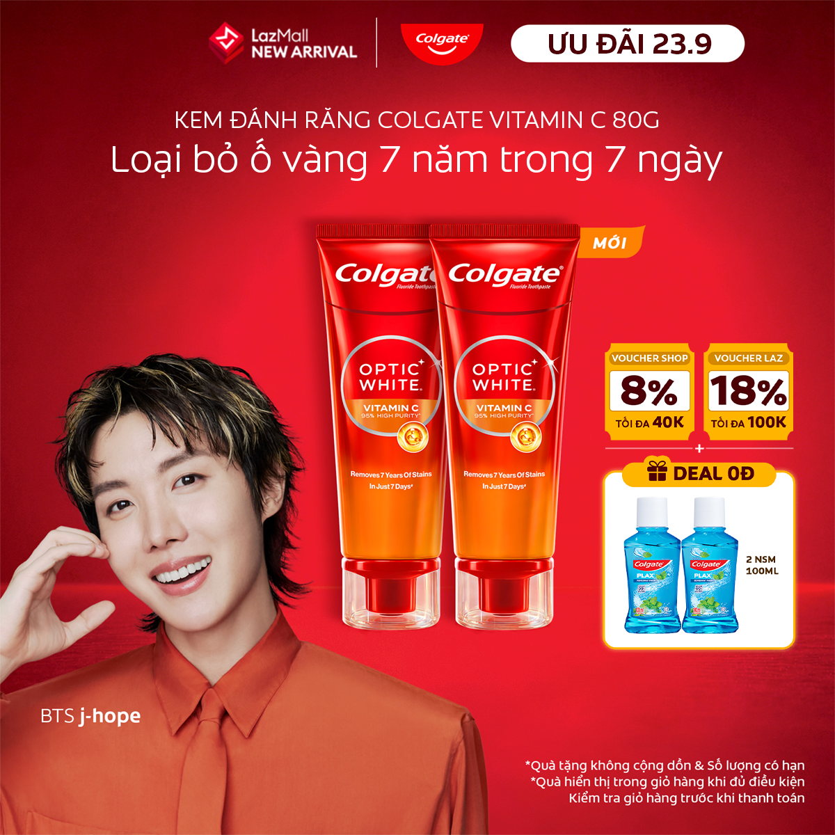 [Chỉ 23.9_Tặng 2 NSM] Kem đánh răng Colgate  trắng răng Optic White Vitamin C độ tinh khiết cao, loại bỏ vết ố cứng đầu lâu năm trong 7 ngày 80g/ tuýp