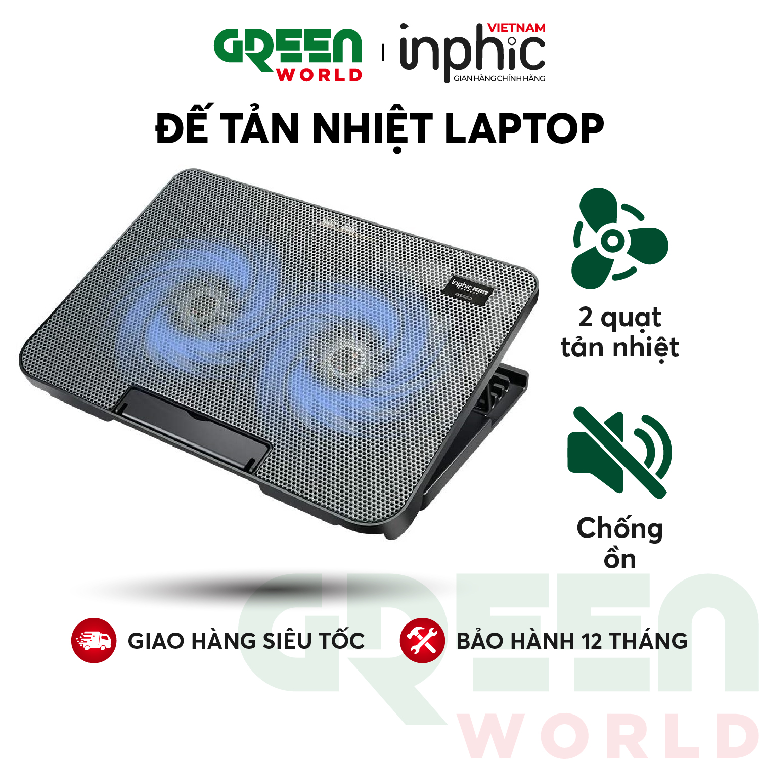 Đế tản nhiệt máy tính xách tay inphic R2 với hai quạt siêu mát dùng cho máy 14 đến 17 inch - Hàng chính hãng - Bảo hành 12 tháng