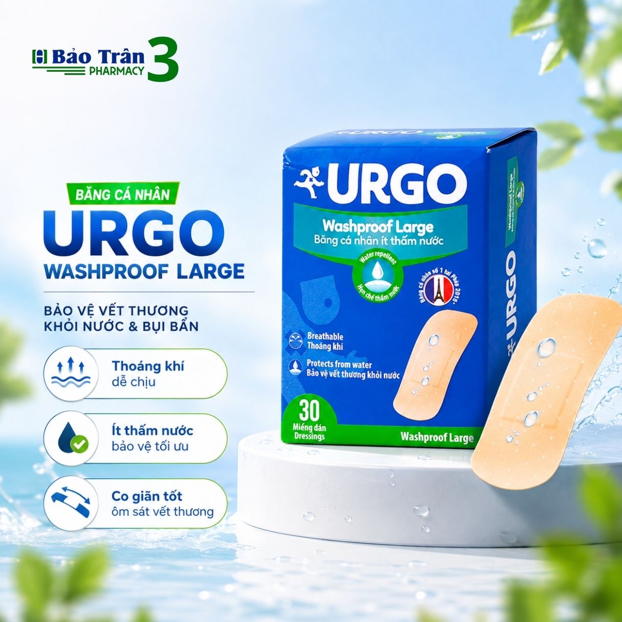 Băng Cá Nhân Urgo Durable (Hộp 30 miếng) Co Giãn Thoáng Khí Chống Nhiễm Khuẩn Vết Thương