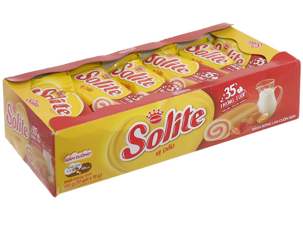 Bánh bông lan cuộn kem vị dâu Solite hộp 180g 10 cái