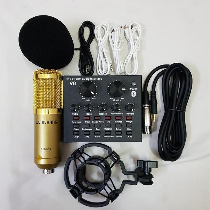 COMBO THU ÂM LIVESTREAM MÍC HÁT BM 900 WOAICHANG SOUND CARD V8 CÓ BLUETOOTH BH 6 THÁNG ĐỔI MỚI