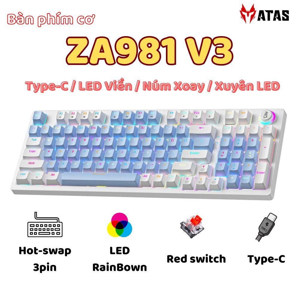 Deal độc quyền Bàn phím cơ ATAS ZA981 V3 98 Key - Hotswap - Red swtich - LED 9 chế độ - Bản V2
