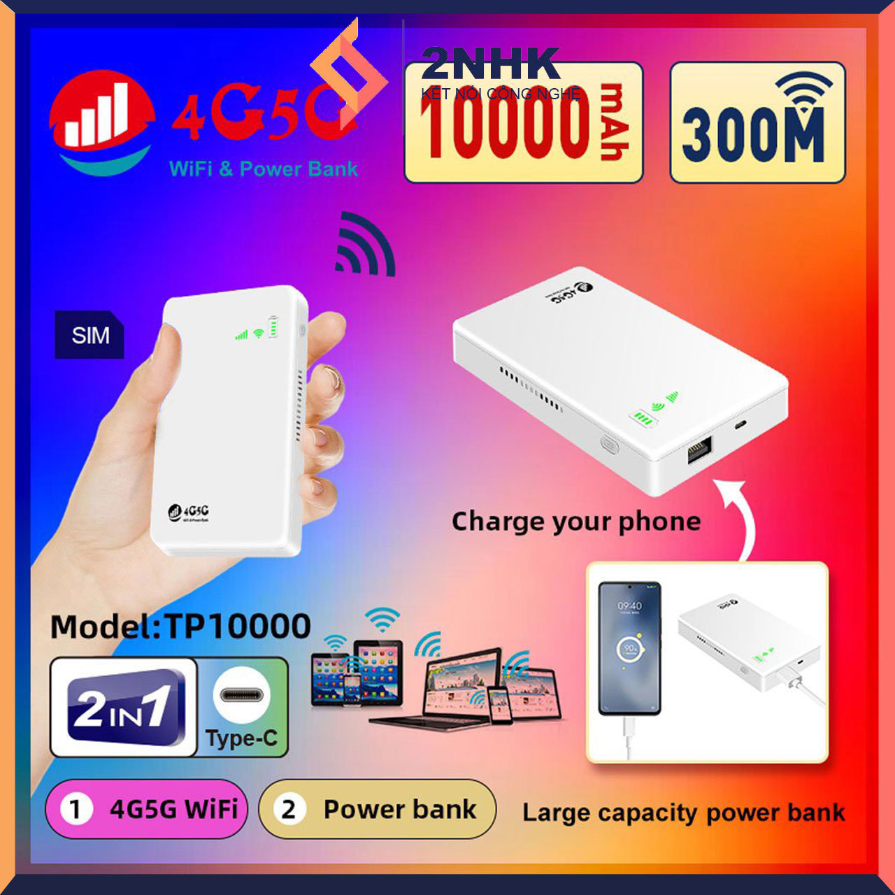 Cục phát wifi từ sim 4G kiêm pin sạc dự phòng TP10000, bộ phát wifi di động tốc độ cao sử dụng mọi loại sim