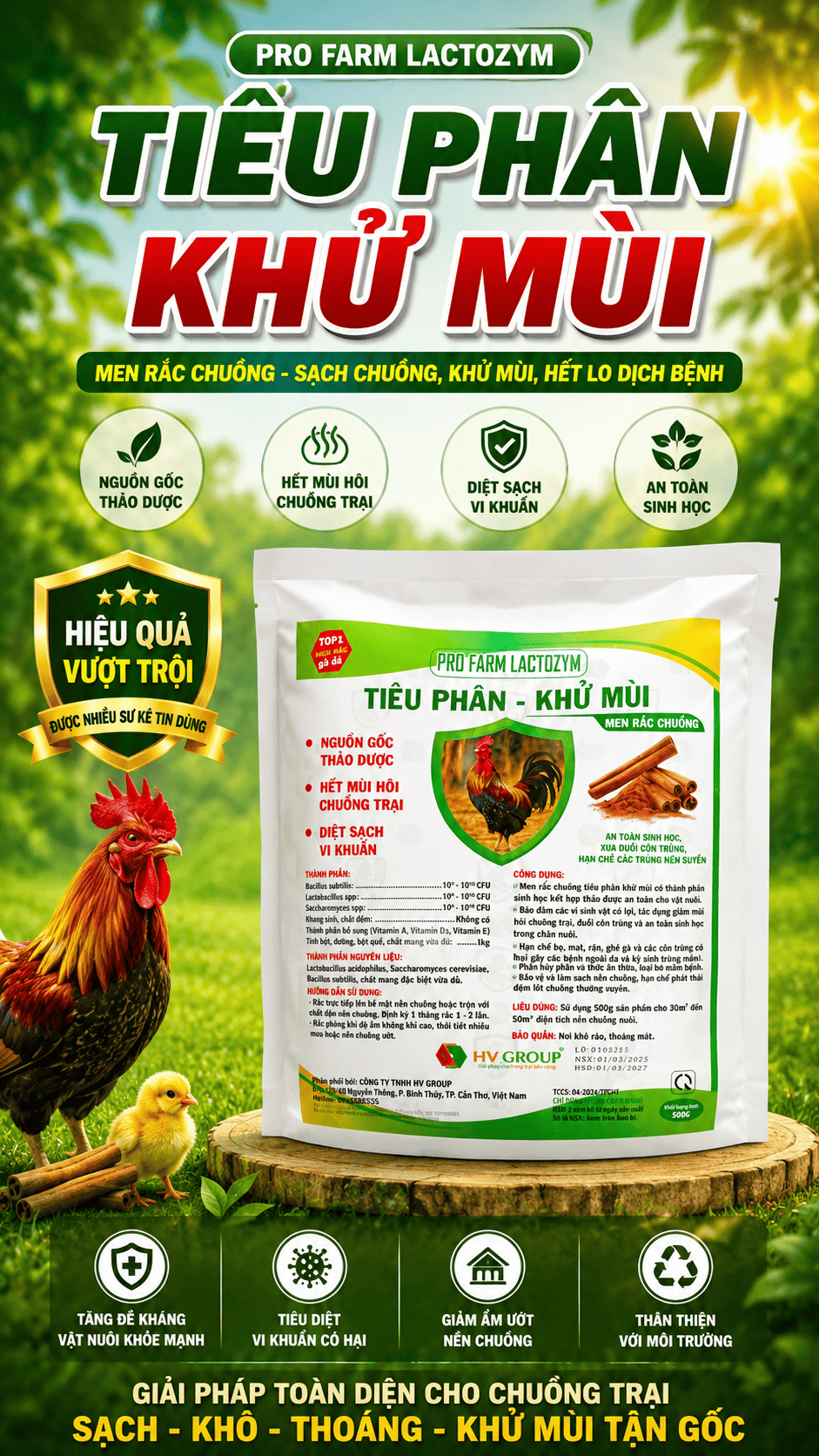 Men Rắc Chuồng Hút Ẩm Khử Mùi Giúp Chuồng Trại Khô Thoáng Dành Cho Gà Aqua Clean Túi 500gram