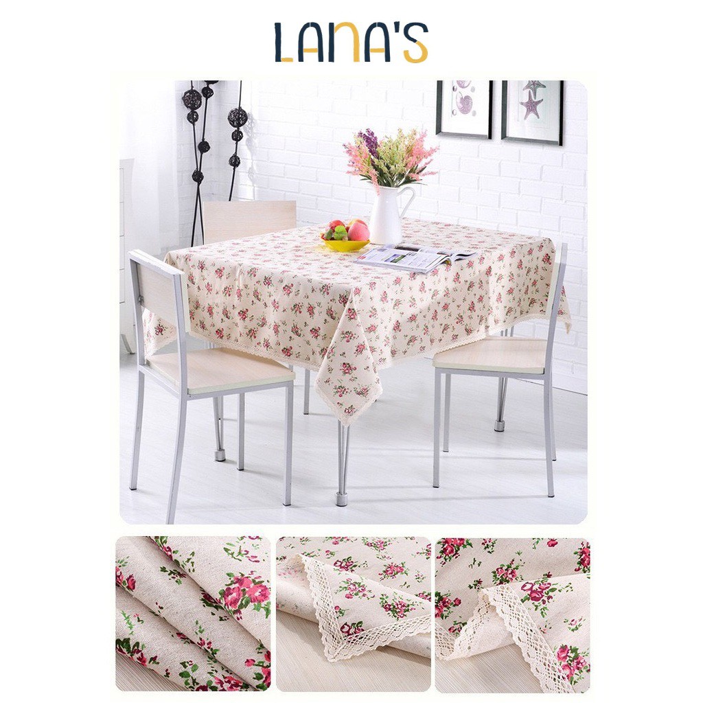 Khăn trải bàn vải canvas hoa hồng đỏ viền ren vintage hàn quốc