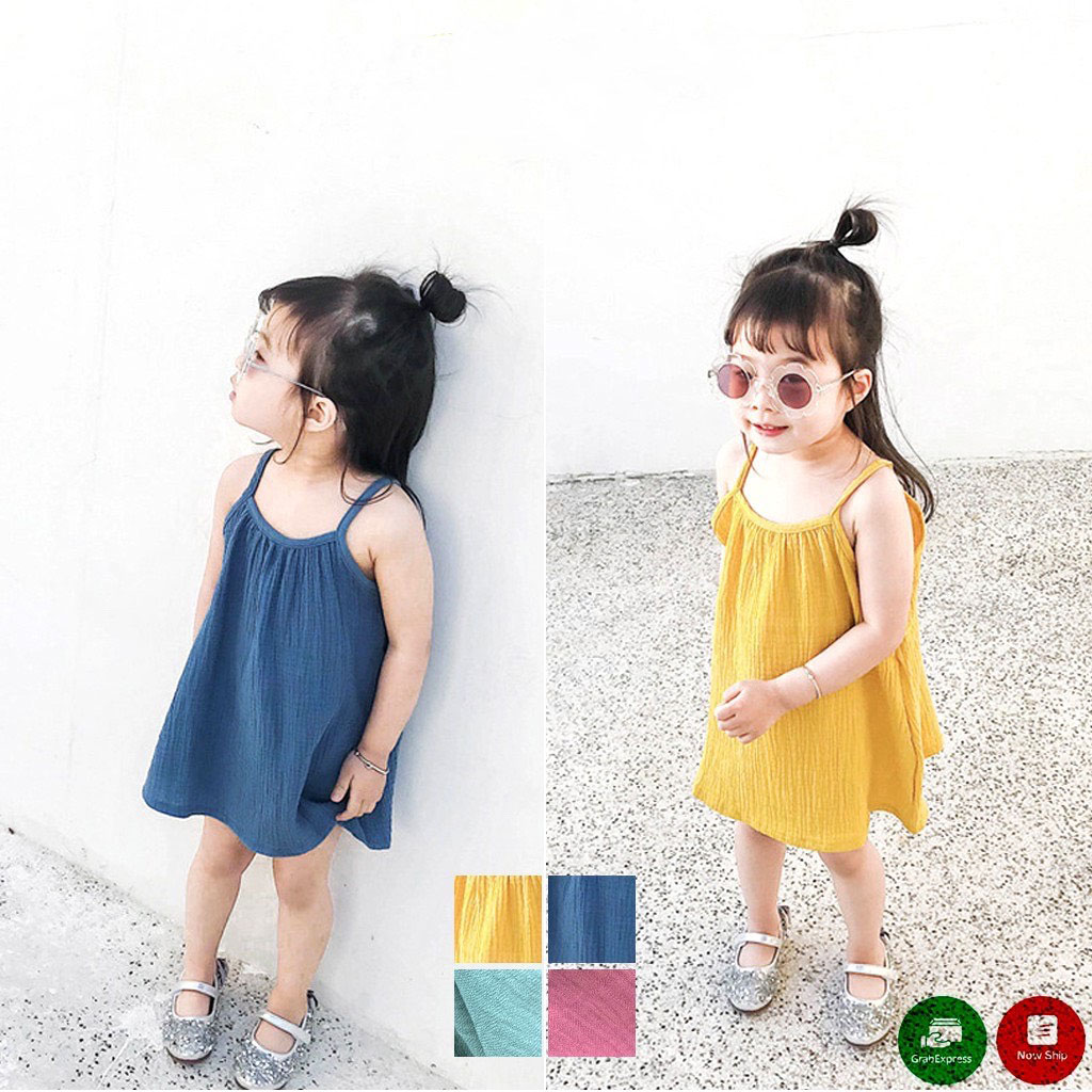 Váy 2 dây cho bé gái màu xanh chất đũi hai dây mát lạnh mùa hè cho bé
