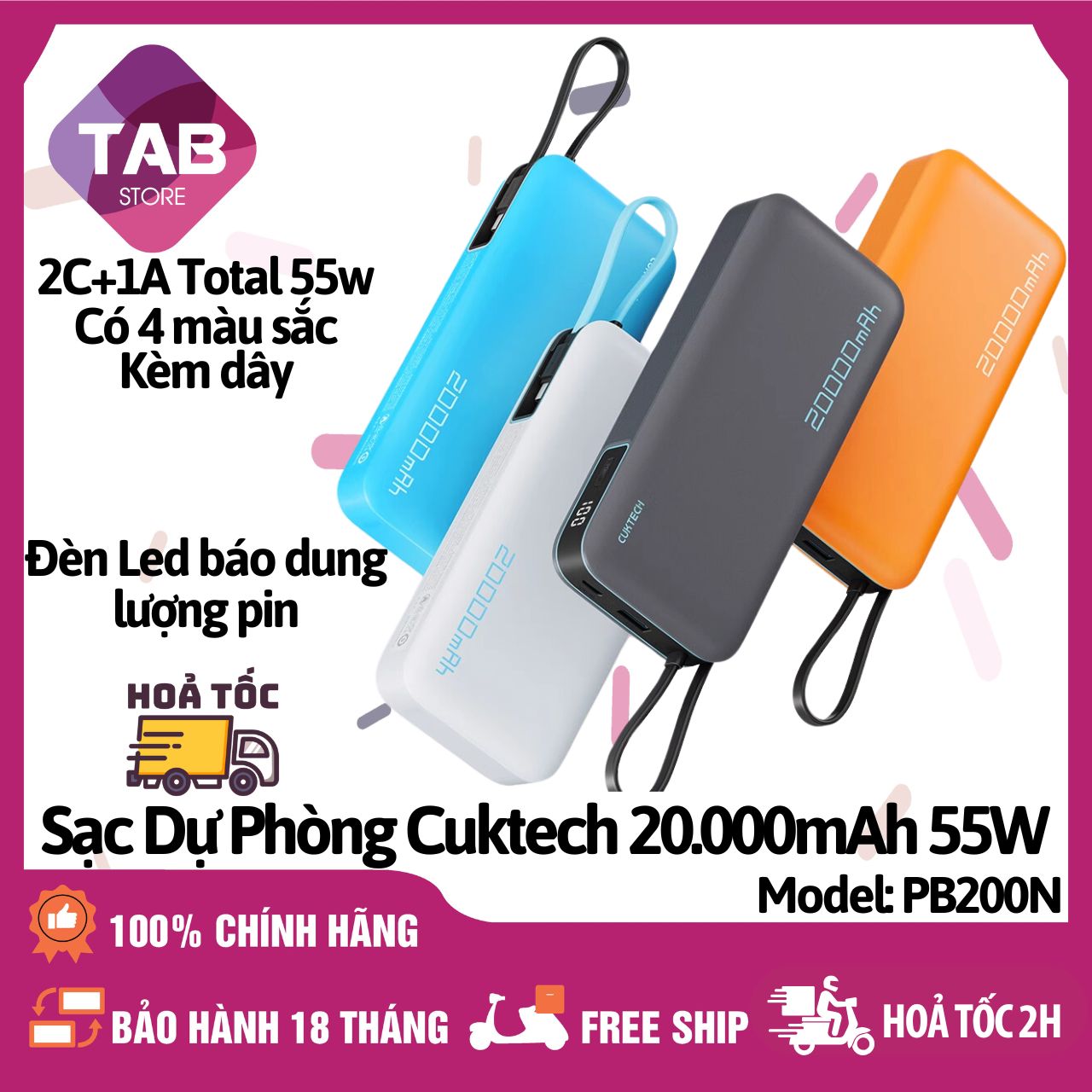 Sạc Dự Phòng Cuktech PB200N 20000mAh 2C1A 55W Chính Hãng - Bảo Hành 18 Tháng