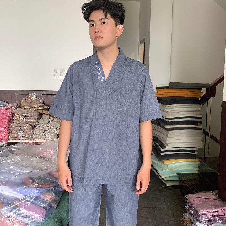 Bộ quần áo mặc nhà, Quần áo Phật Tử nam, Đồ Lam đi Đi Chùa mẫu thuyền mã KAN06