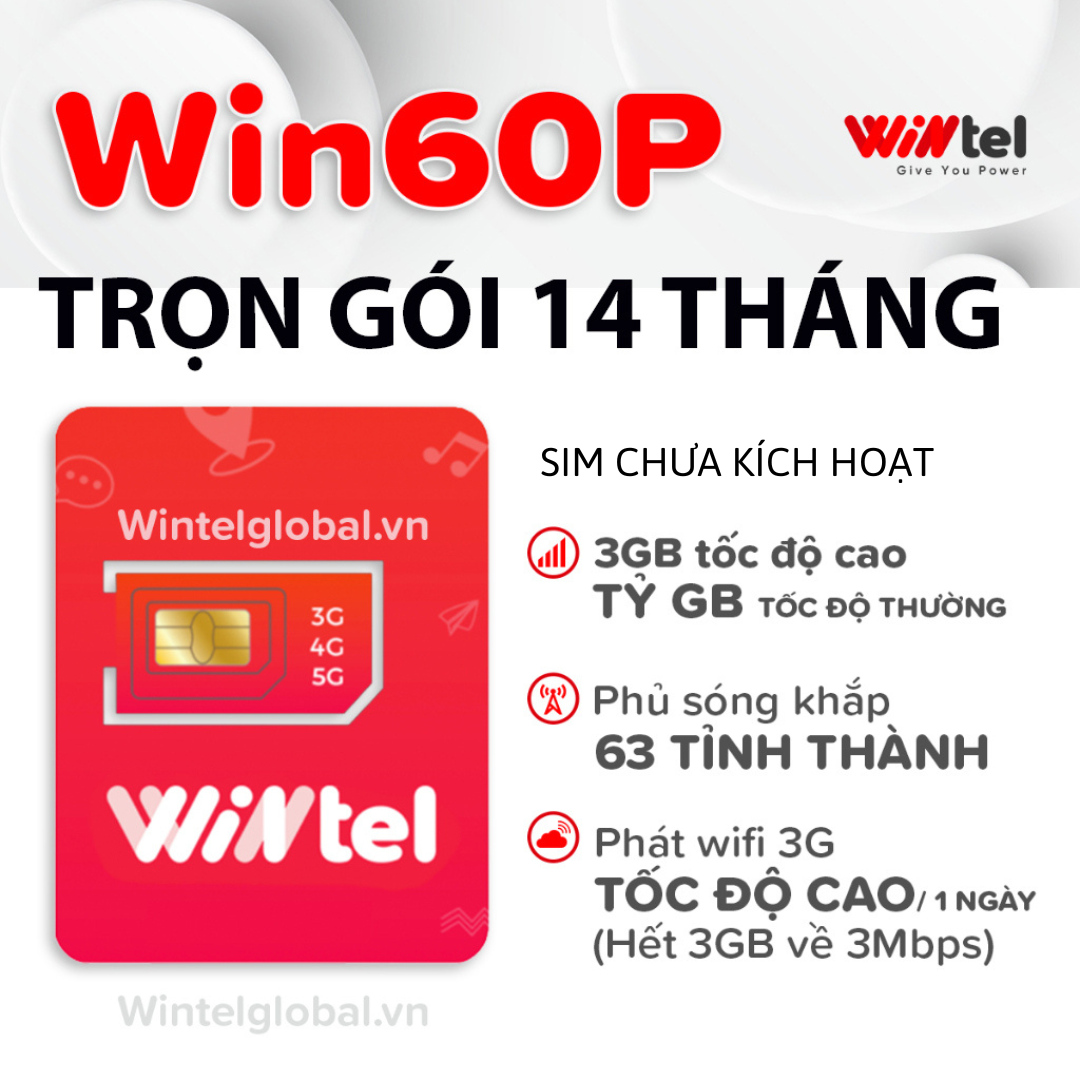 CHƯA KÍCH HOẠT. Sim Wintel Win60p trọn gói 14 tháng 90GB/tháng không giới hạn data tốc độ cao