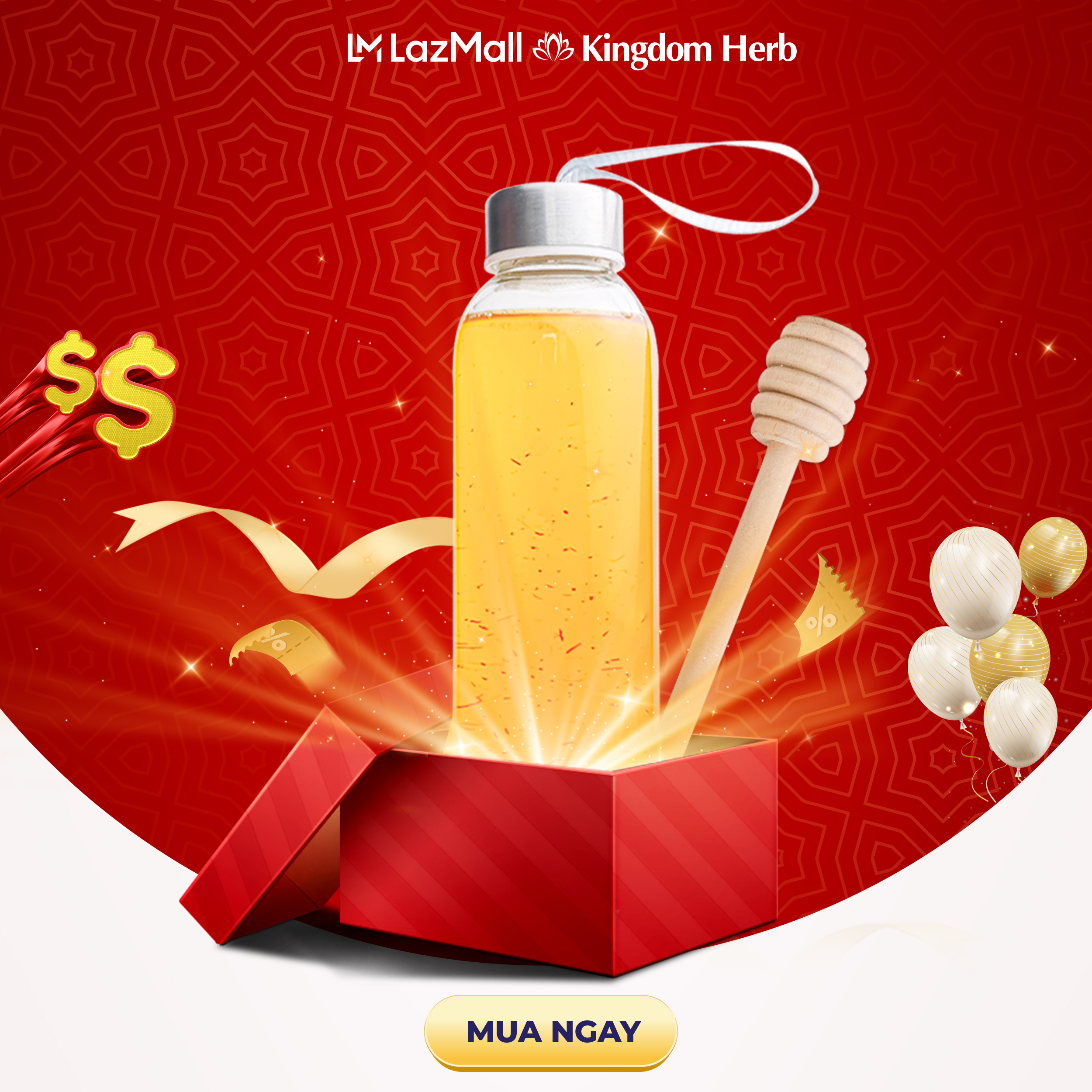 "Quà Tặng Vô Giá" Combo bình thủy tinh 500ml và cây lấy mật Kingdom Herb 15 cm