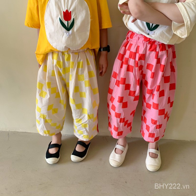 [New] children's pants 2022 summer boys and girls square casual pants children contrast color ribbon pants breathable UDBE