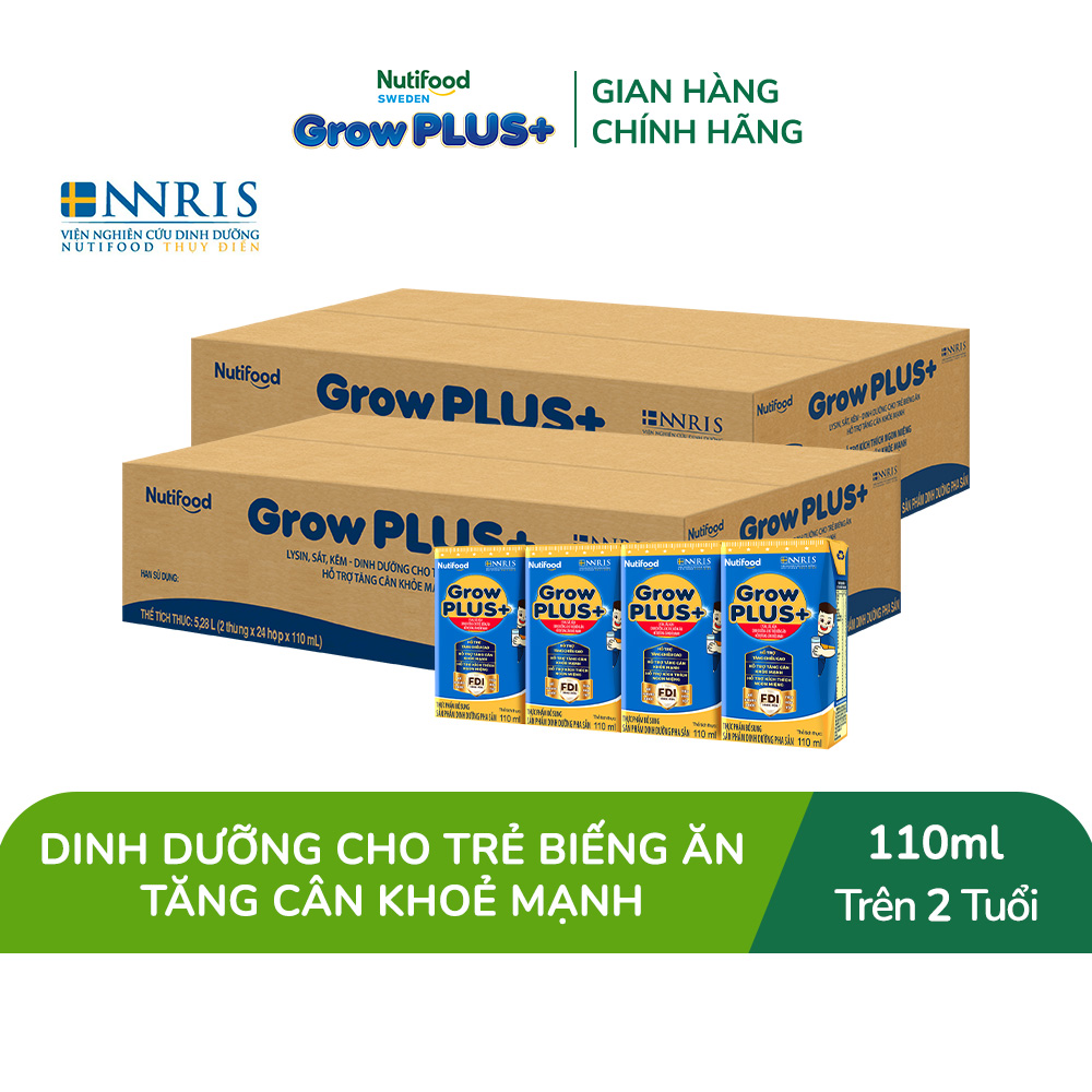 Combo 2 Thùng 48 hộp Sữa Bột Pha Sẵn Nutifood GrowPLUS+ Biếng Ăn (Xanh) 110ml - Trên 2 tuổi - Tăng Cân Khỏe Mạnh