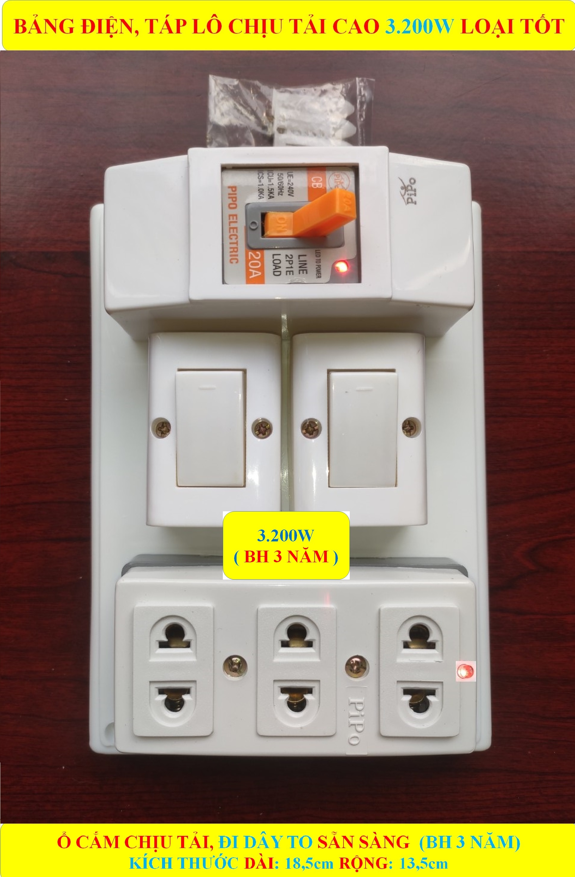 Bảng điện nổi , Táp lô điện 3.200W LOẠI TỐT + (BH 3 NĂM) + CB atomat 20A chống quá tải + 2 Công tắc + Ổ cắm lò xo bung chống giãn + Đi dây TO sẵn sàng + Bộ ốc vít lắp đặt (bộ 1 sản phẩm)