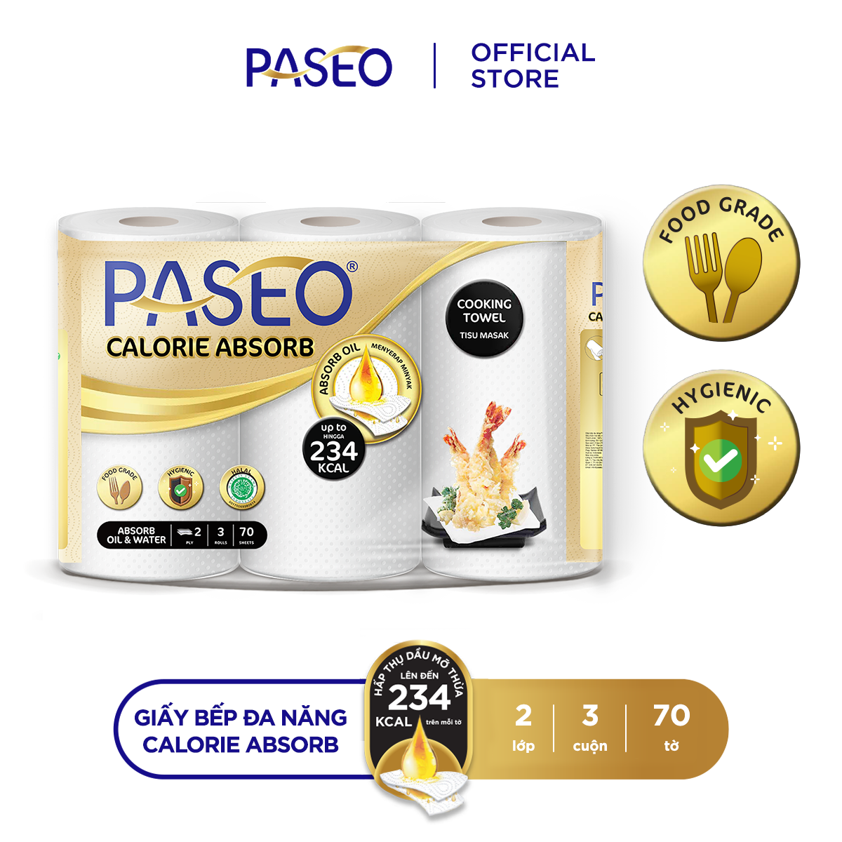 Giấy bếp đa năng cao cấp Paseo Calorie Absorb lau dầu mỡ, thấm hút nhanh (3 cuộn 2 lớp)/lốc