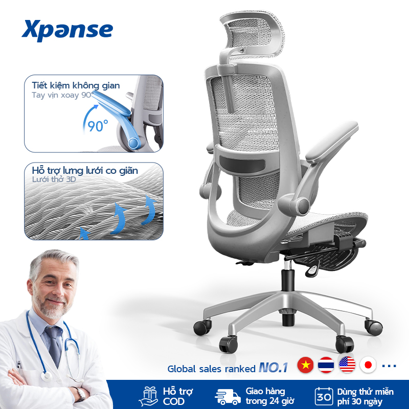 Xpanse W202 Ghế công thái học lưới rỗng đàn hồi cao mới, tay vịn gập lại giúp tiết kiệm không gian