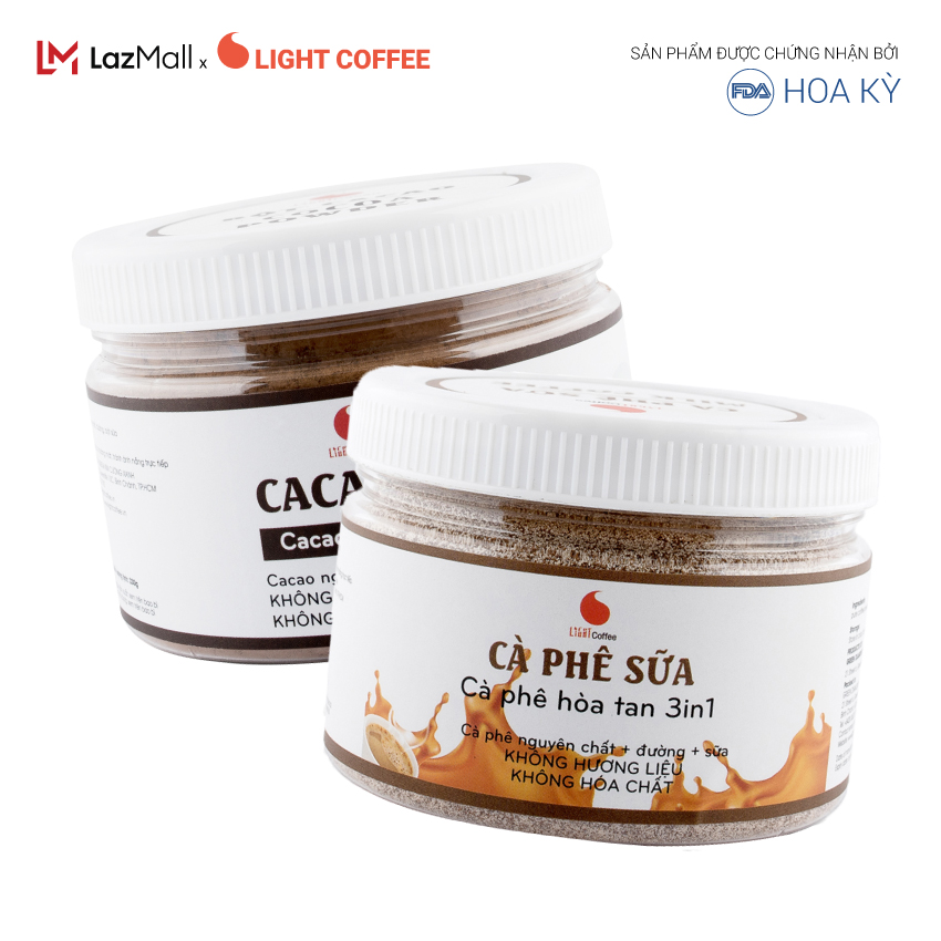 Combo 1 hũ Bột cacao sữa đậm đà thơm ngon và 1 hũ Cà phê sữa đặc biệt không pha trộn hương liệu, Light Coffee, pha chế dễ dàng, 230g/hộp