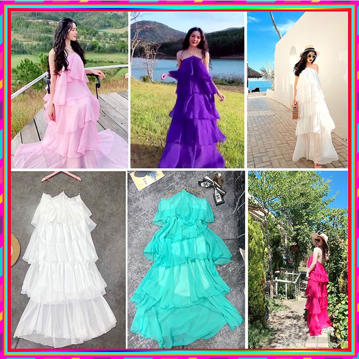 Đầm maxi 5 tầng cổ cột nơ yếm kết hoa