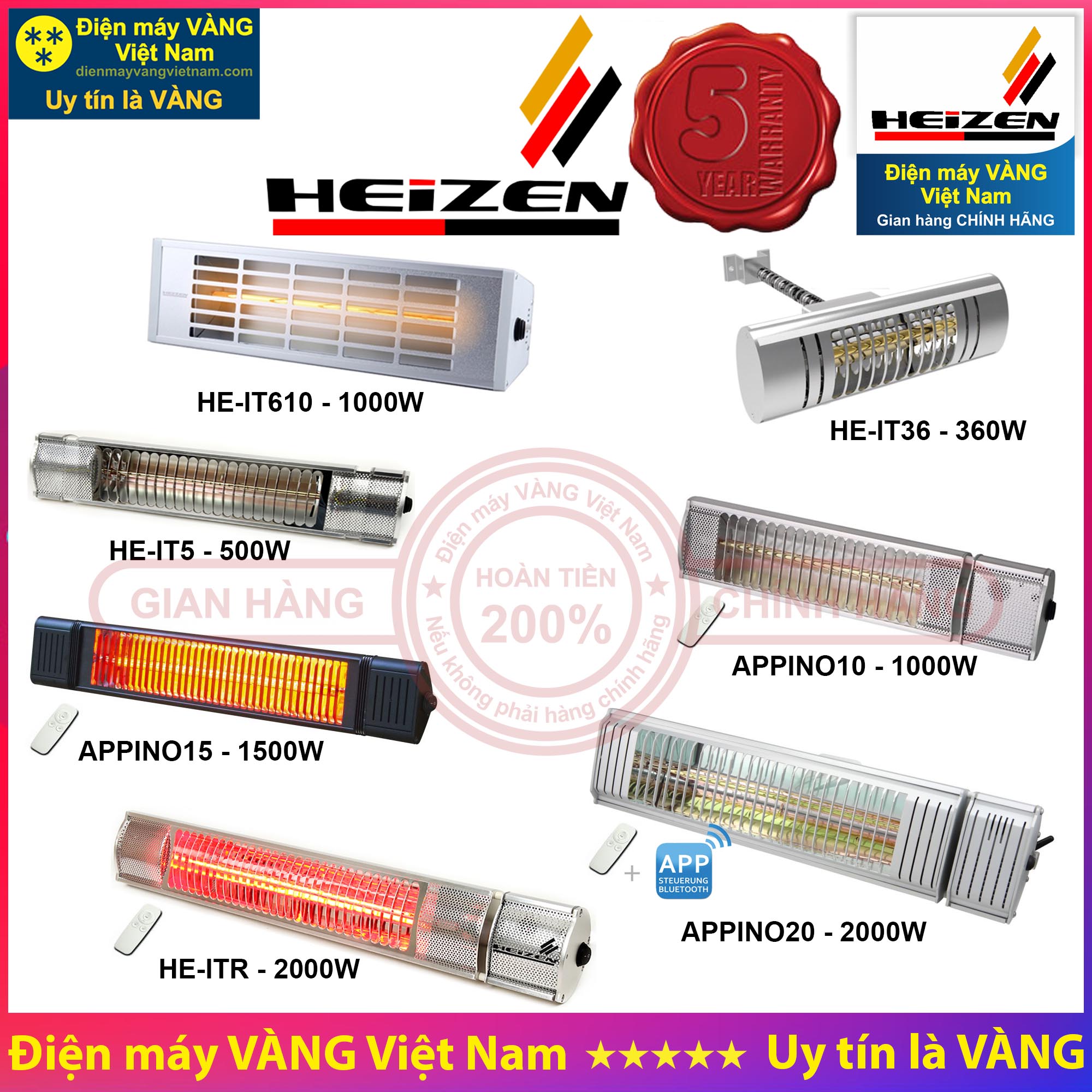 Đèn sưởi cao cấp không chói mắt heizen he-it610 he-it36 he-it5 appino10 appino15 appino20 he-itr