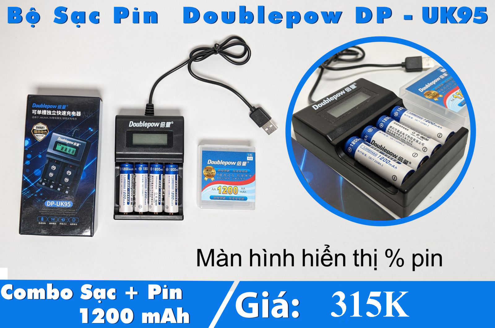[HCM]( TẶNG KÈM 4 PIN ) Bộ sạc pin AA tự ngắt Combo bộ sạc UK95 + 4 pin 1200mAh Doublepow cao cấp Màn Hình LCD báo sạc khi đầy Khả năng sạc: Sạc được cho các pin AA pin AAA pin 9V Điện áp sạc: 5v cổng usb