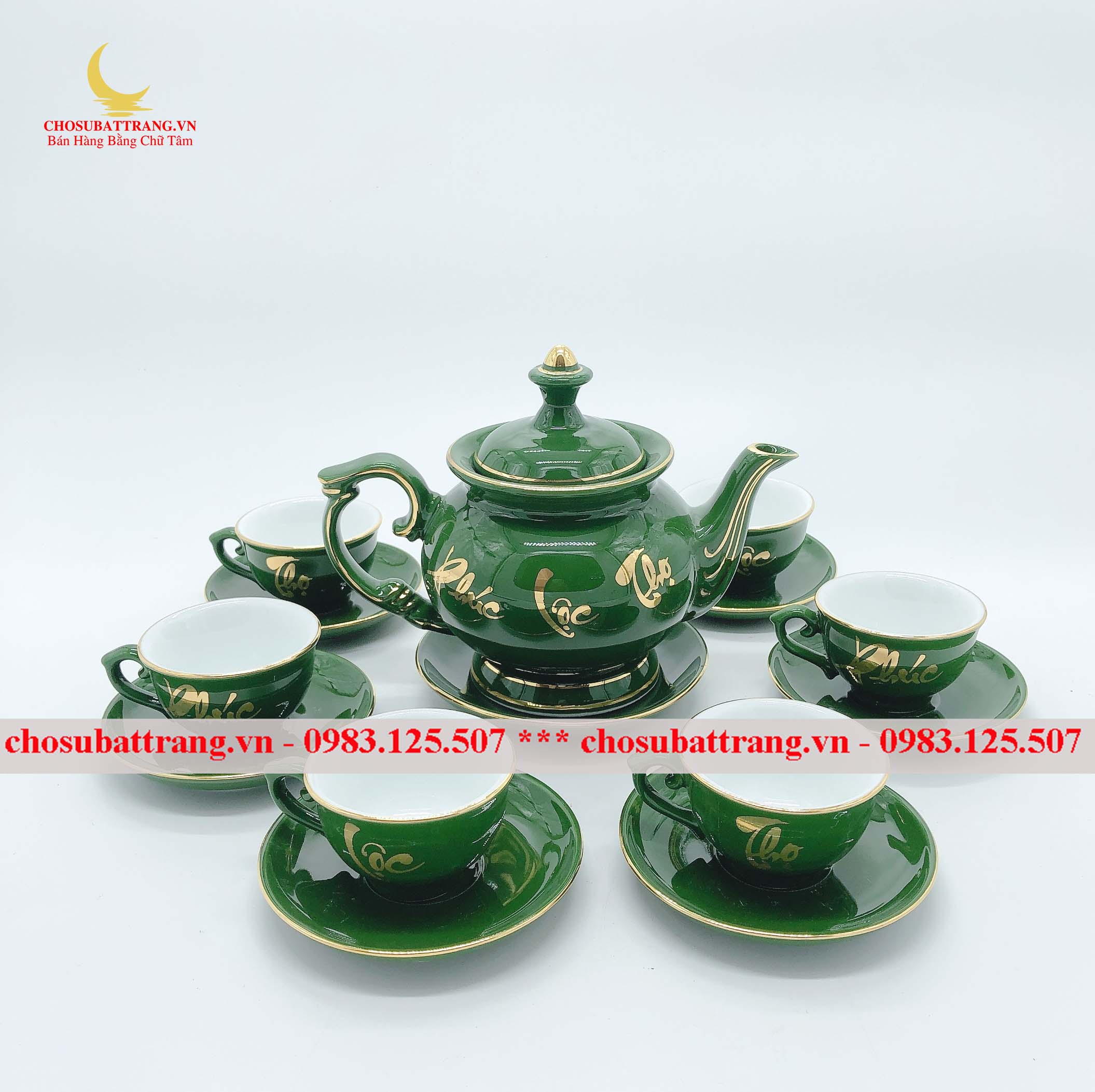 Bộ ấm chén men xanh lục bảo ''Phú Quý'' - Phúc Lộc Thọ