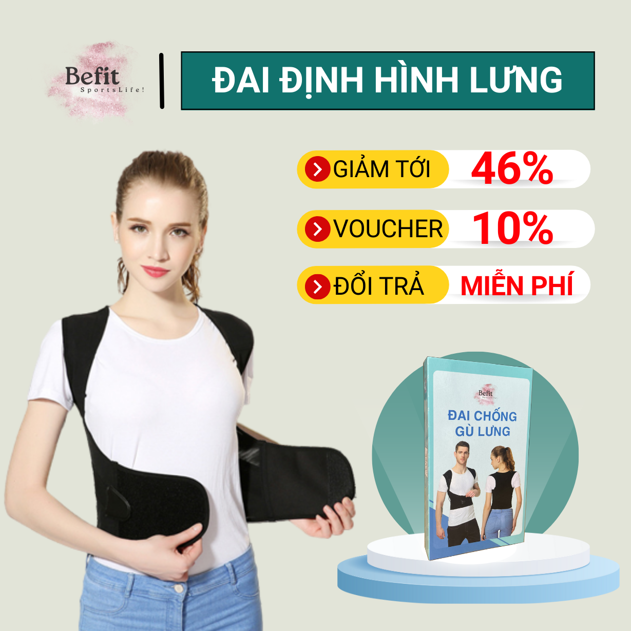 Đai định hình lưng befit, đai chống gù lưng - vai - eo màu đen black