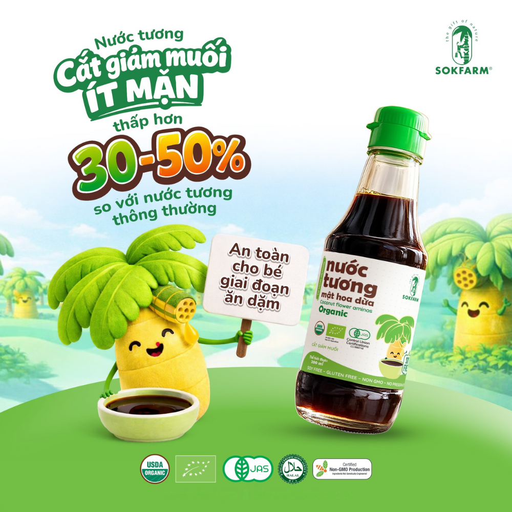 Nước Tương Mật Hoa Dừa Organic Sokfarm Chai 60ml Cho Bé Ăn Dặm Từ 6 Tháng Tuổi