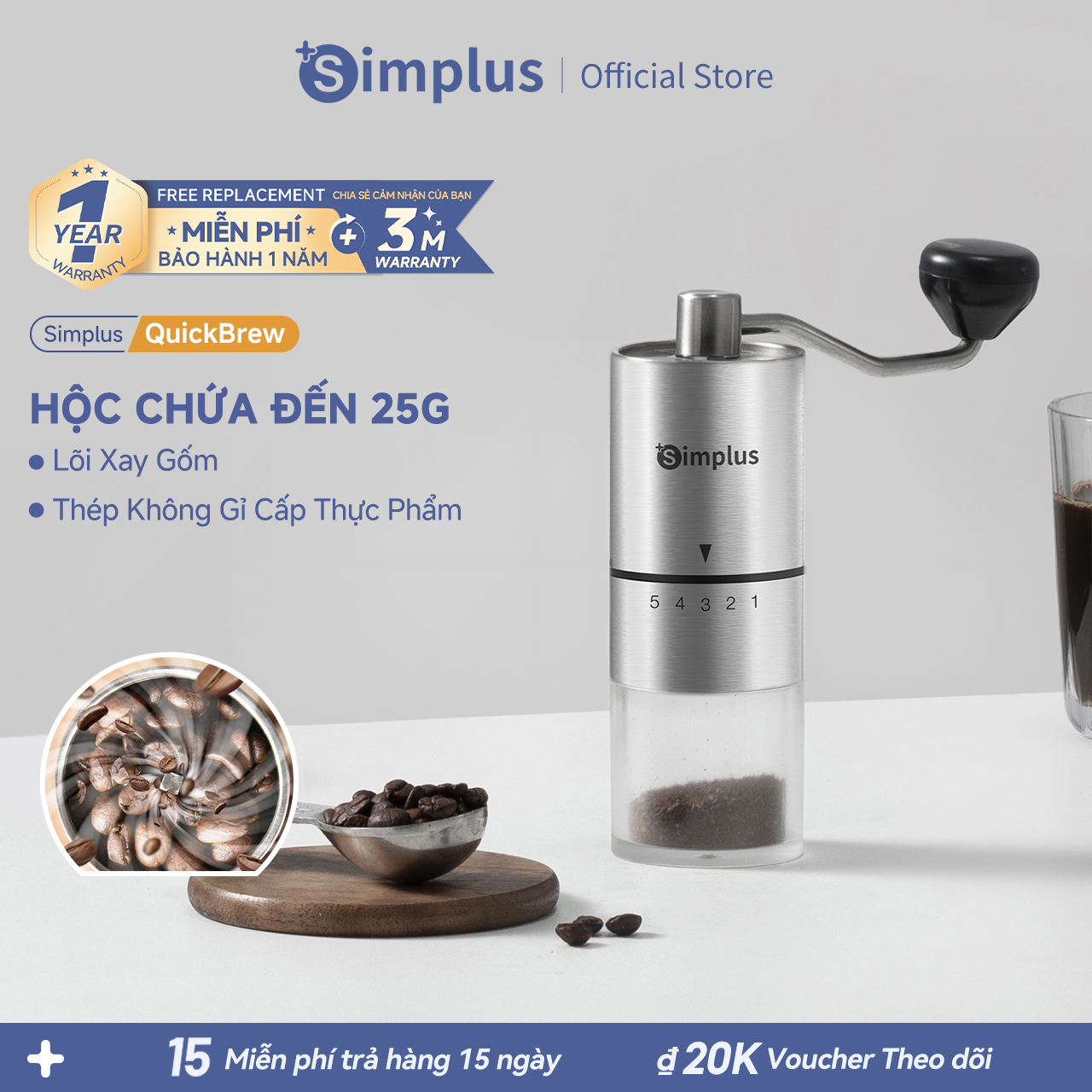 Simplus Máy xay hạt cà phê Cầm tay, Xay thủ công 20g Màu Inox- Bảo hành 1 năm 1 đổi 1