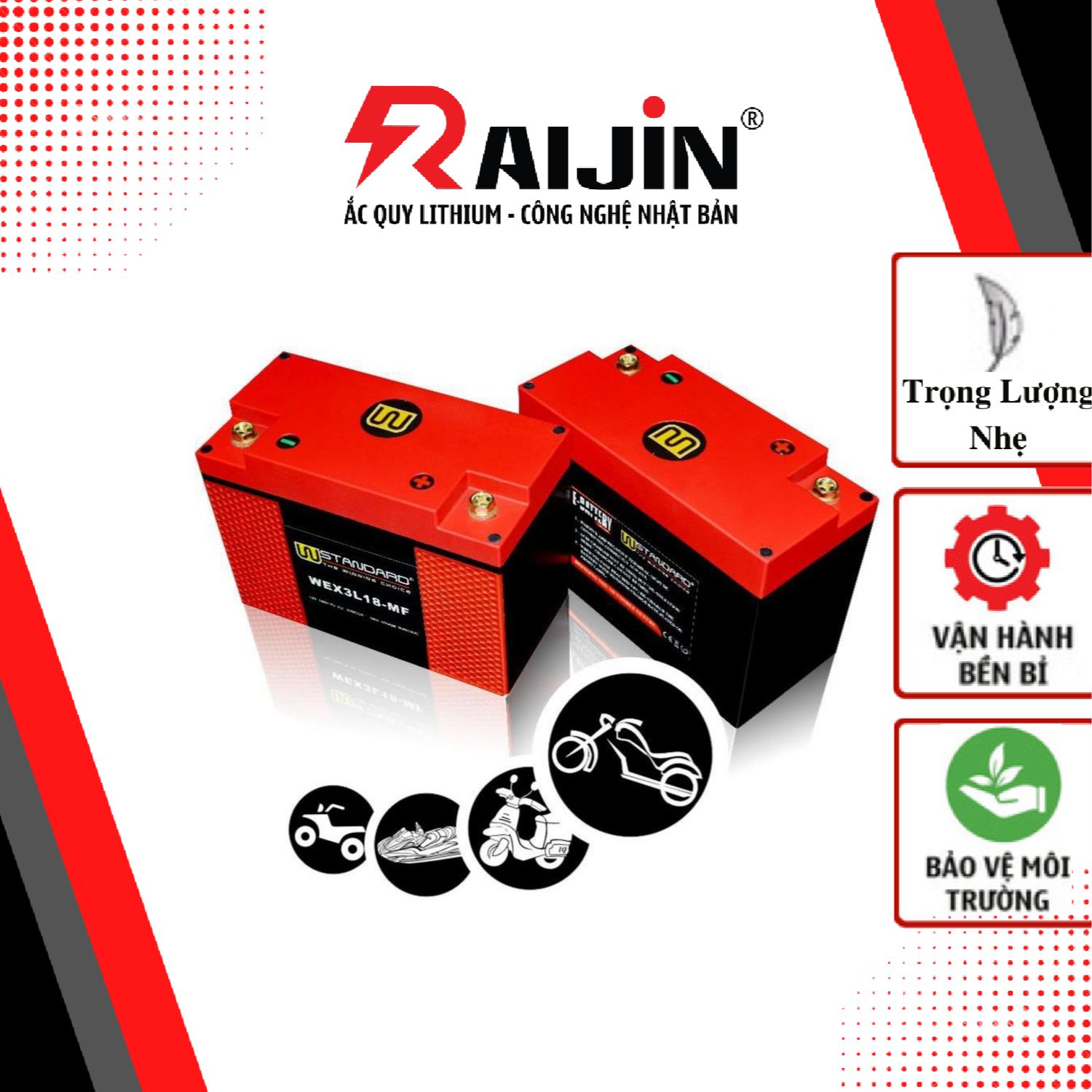 Bình ắc quy 12v xe máy lithium wex3r18-mf 390cca nhập khẩu usa dành cho xe mô tô dung tích xi-lanh lớn.