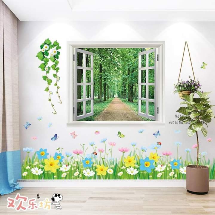 Decal dán tường cửa sổ và chân tường hoa bướm