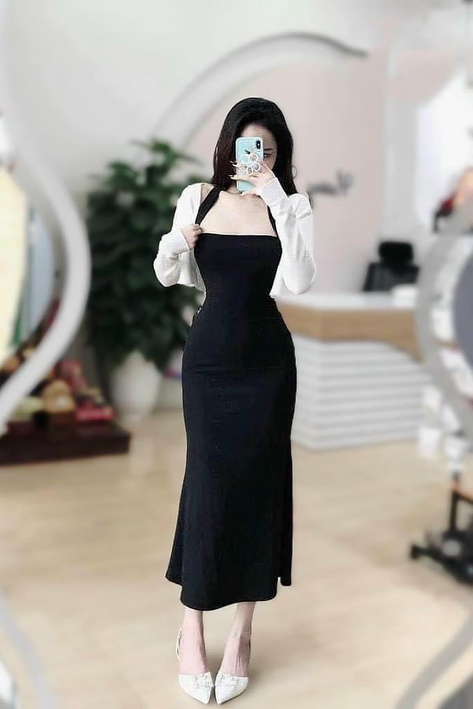 Đầm body nữ thời trang mặc đi chơi chất thun gân  thiết kế dây choàng cổ váy maxi đuôi cá ôm body tôn dáng kèm áo khoác tay dài