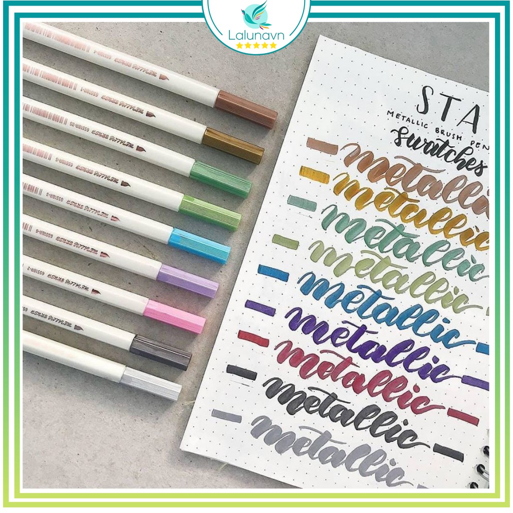 Lalunavn Bút lông mềm 10 màu sắc đầu Brush có nhũ STA Metallic Marker Pen Drawing - A13