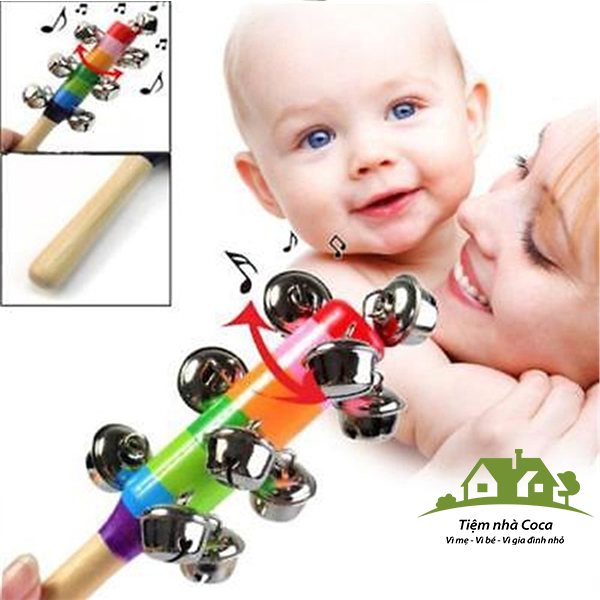 Lục lạc cầm tay cán gỗ màu cầu vồng cho bé