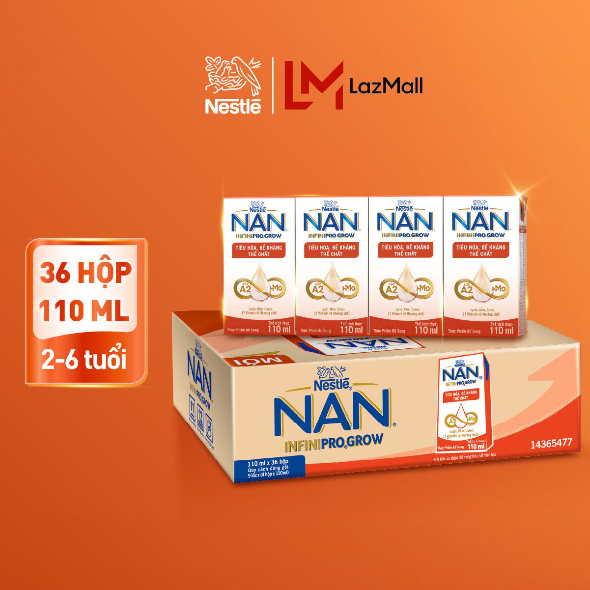 [CHỈ 25-29.08 QT ĐƠN 599K/999K/1299K] Thùng 36 hộp sữa pha sẵn Nestle NAN INFINIPRO GROW với công thức vượt trội kết hợp sữa A2 và HMO hỗ trợ tiêu hóa, đề kháng và phát triển thể chất (4x110ml)