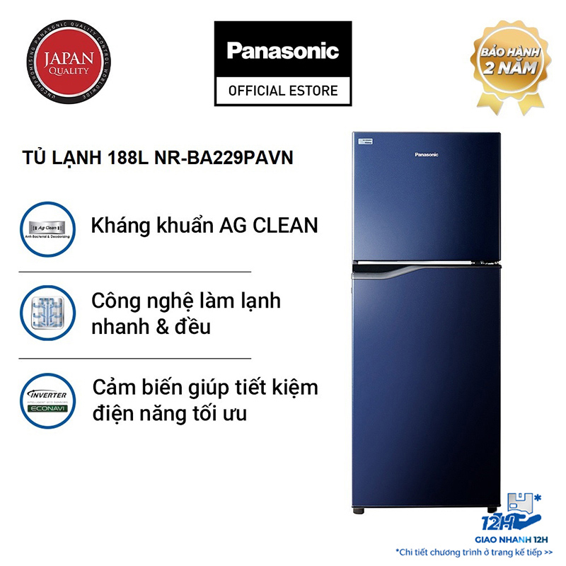 [Trả góp 0%] Tủ Lạnh 2 Cánh Panasonic 188 Lít NR-BA229PAVN - Kháng khuẩn tinh thể bạc Ag+ - Bảo hành chính hãng 24 tháng