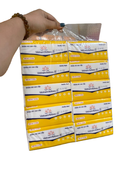 Bịch 10 gói giấy ăn rút VietnamAirline hàng cao cấp, mềm, mịn 300 tờ 3 lớp kích thước 13cm 9.5cm 6.5