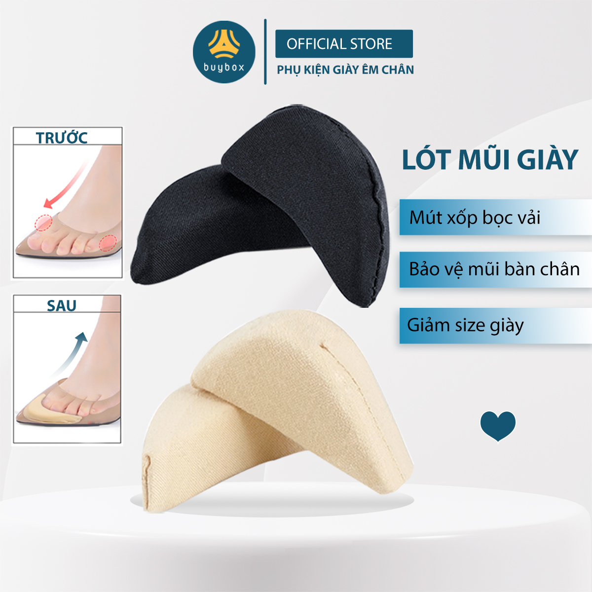 2 cặp miếng lót mũi giày bằng mút đệm êm ngón chân, dành cho người có bàn chân ngắn giảm rộng cho giày và chống tuột gót - buybox - BBPK38