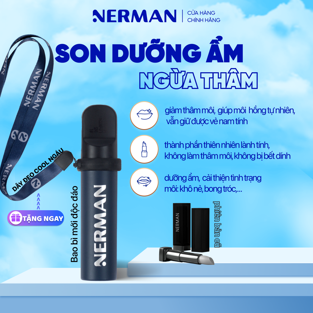 Son dưỡng cho nam Nerman dưỡng ẩm môi giảm nứt nẻ mùa đông không bết dính hỗ trợ mờ thâm Men in Black 4g