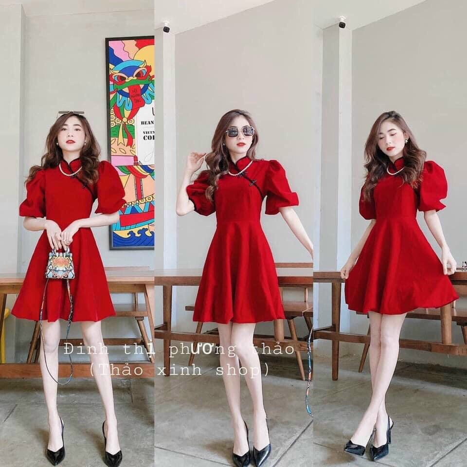 Đầm xòe cổ tàu tay búp xinh xắn dễ thương điệu đà