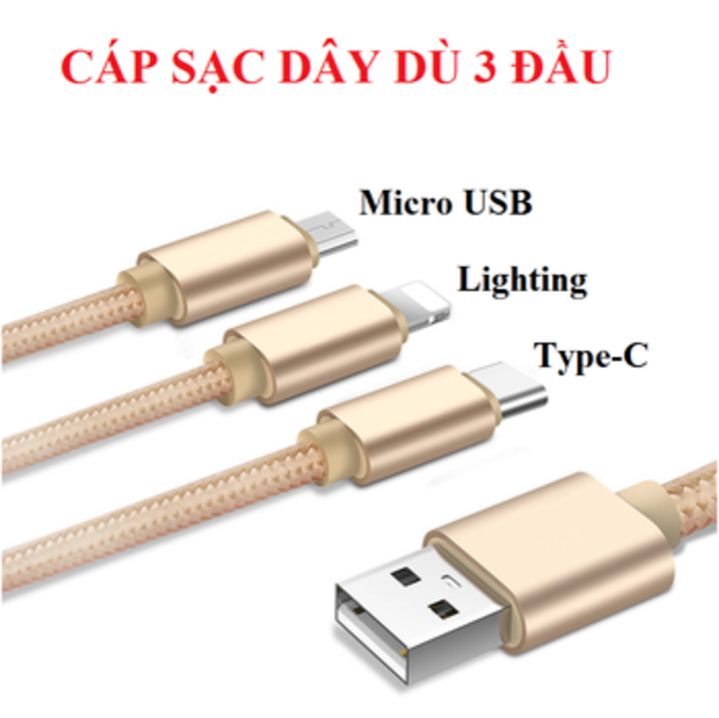 CÁP SẠC 3 ĐẦU DÂY DÙ 1 MÉT DÀNH CHO - LIGHTNING ANDROID TYPE-C  SẠC NHANH KHÔNG NÓNG MÁY  VÔ PIN NHANH CHÓNG