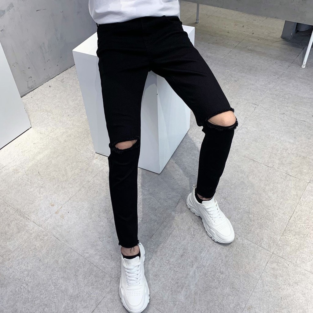 Quần jean Nam Đen Rách Gối