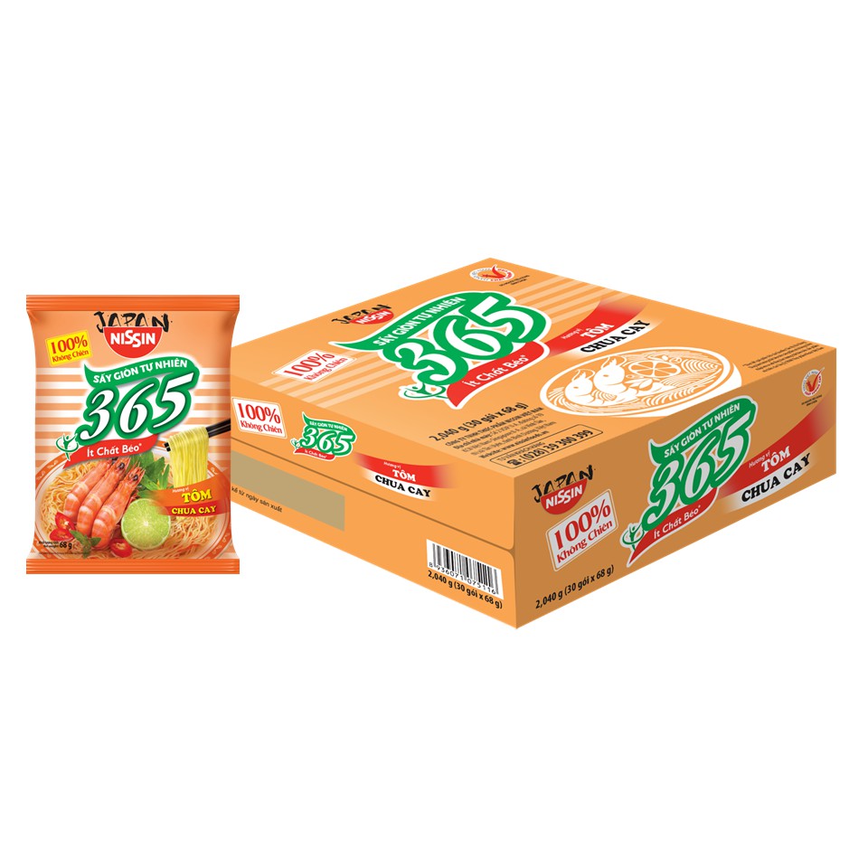 Thùng 30 gói mì không chiên nissin 365 tôm chua cay thương hiệu nissin nhật bản 68g/gói