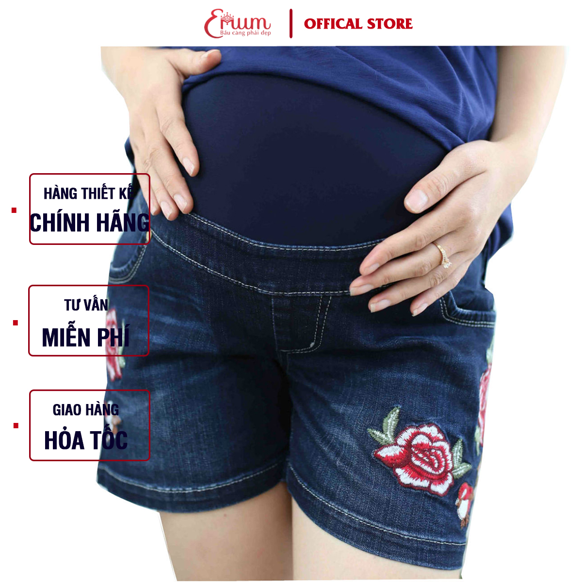 Quần bầu đùi jean thêu hoa bồ câu emum