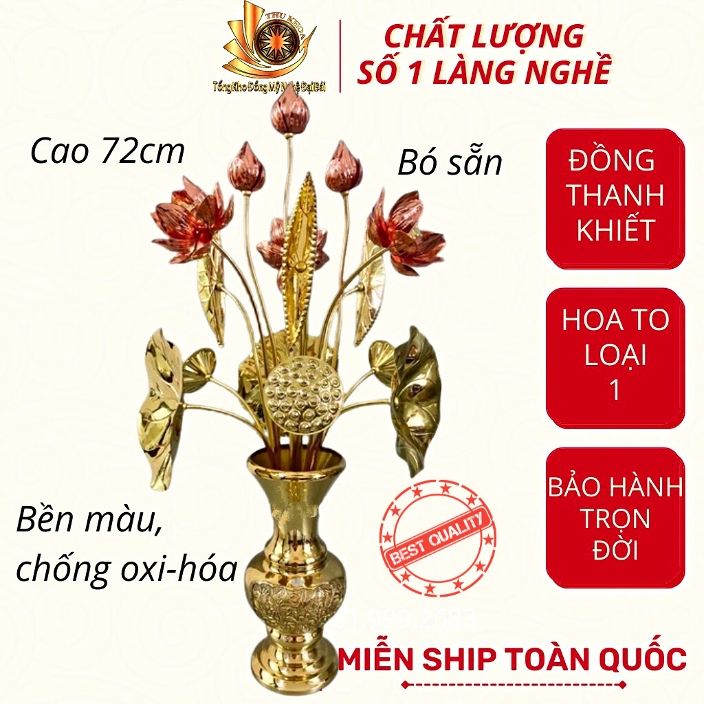 Hoa sen đồng vàng đồng đỏ 15 cành cả lọ cỡ to loại 1 trưng phòng khách hoặc bàn thờ sang trọng đồ đồng đại bái freeship
