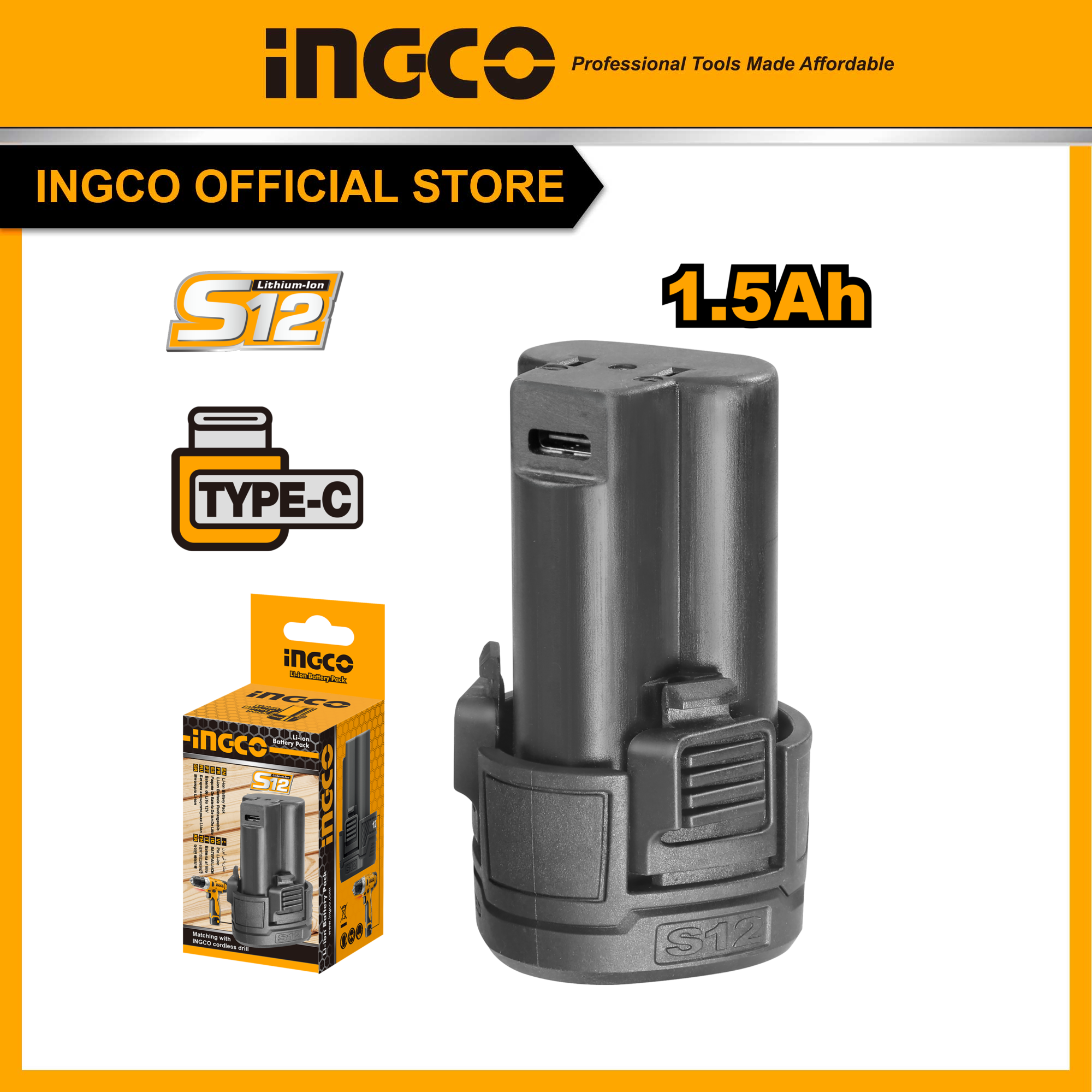 Bộ pin s12v lithium-ion ingco 12v fbli12153 sạc cổng usb type c