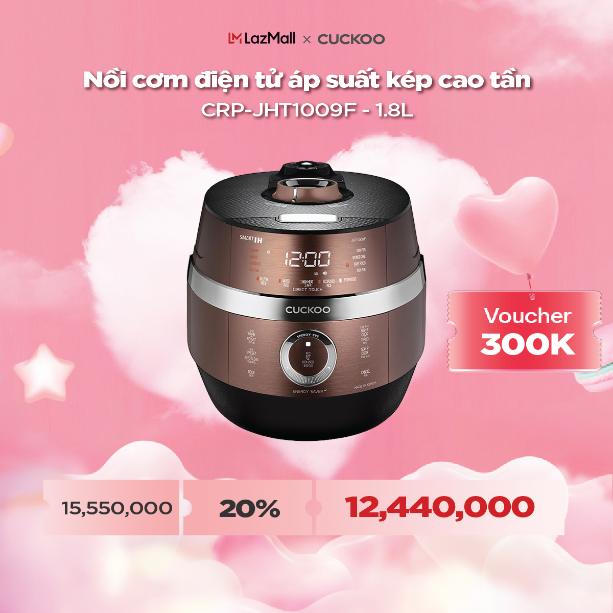 Nồi cơm điện tử áp suất cao tần Cuckoo 1.8 lít CRP-JHT1009F - Tùy chọn nấu áp suất và không áp suất, chế biến không cần đóng nắp, lòng nồi chống dính Xwall - Hàng chính hãng