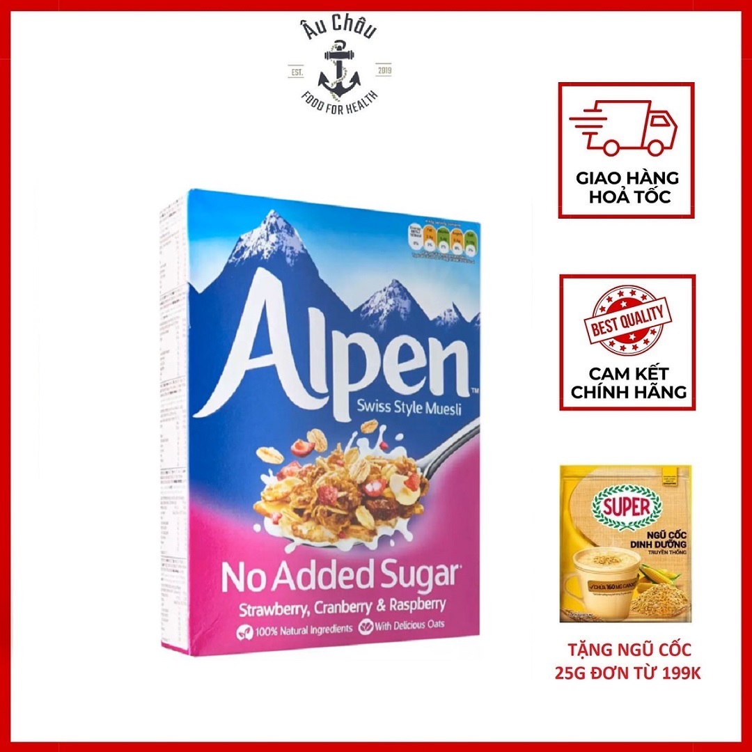 Ngũ cốc ăn sáng dinh dưỡng Alpen không đường dâu tây, nam việt quất, mâm xôi 560g ăn liền nhập khẩu Anh