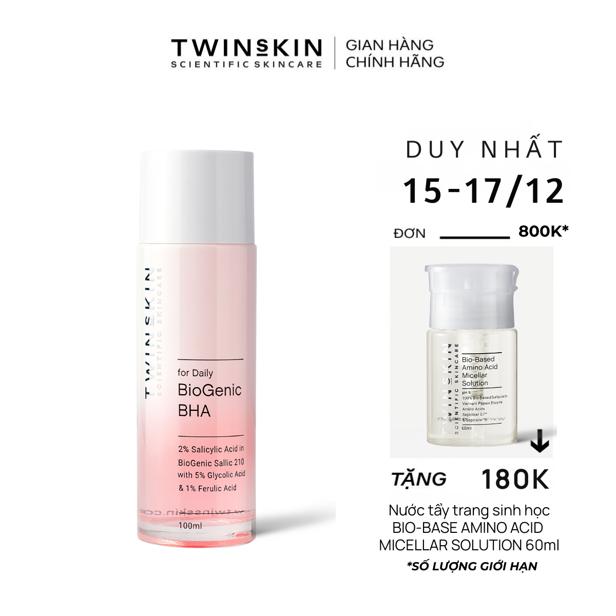  HOÀN TIỀN 15% - BIOGENIC BHA FOR DAILY - Toner thanh tẩy tế bào chết dưỡng sáng da cải thiện lão hoá Twins Skin 100ml 